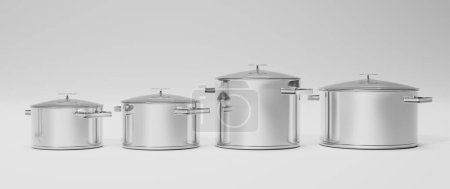Photo for Set of steel cooking pots and pan on a white background. 3d illustration - Royalty Free Image