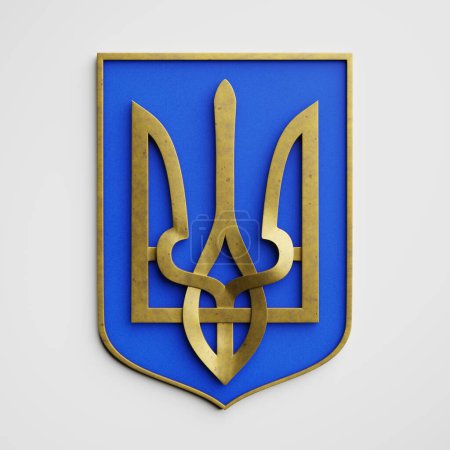 Escudo de armas de Ucrania, tridente de oro, símbolo del estado de Ucrania. 3d renderizar