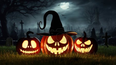 Foto de Halloween Tres calabazas brillantes en el cementerio por la noche cerca de las tumbas. 3d renderizar - Imagen libre de derechos