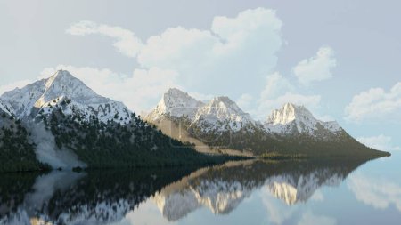 Photo for Serenity in natural mountain landscape with snow-capped peaks reflected in tranquil lake. - Royalty Free Image