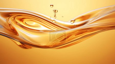 Photo for Splashes and drops of liquid oil. Fresh Olive or motor engine oil eco nature golden color close-up. Shine yellow Cosmetic oil or Cosmetic Essence Liquid drop. 3d render - Royalty Free Image