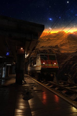 Téléchargez les photos : Gare ferroviaire dans l'espace, arrêt de train près de la planète, quai de la gare dans le cosmos, Voyage à d'autres planètes et mondes, tourisme spatial. 3d rendu - en image libre de droit