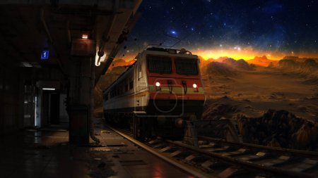 Railway station in space, train stop near planet, railway station platform in cosmos, travel to other planets and worlds, space tourism. 3d render