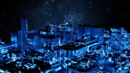 Photo for Futuristic cityscape bathed in neon blue lights under a starry night sky. 3d render - Royalty Free Image