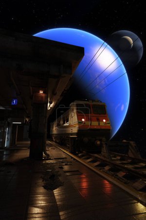 Railway station in space, train stop near planet, railway station platform in cosmos, travel to other planets and worlds, space tourism. 3d render
