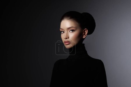 Captivating portrait of a poised woman in a sleek black turtleneck, her visage the epitome of modern elegance