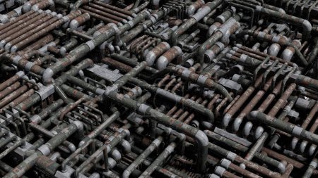 Komplexes Netzwerk industrieller Rohre schafft ein labyrinthisches Netz, ein riesiges mechanisches System