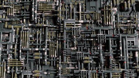 Dense array of pipes and conduits in varying shades of green and gray, forming a complex industrial matrix, reminiscent of a circuit board