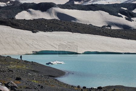 A lone hiker by a glacial lake with icebergs, snow-capped slopes behind, and a striking blue meltwater pool reflecting the harsh yet beautiful alpine environment