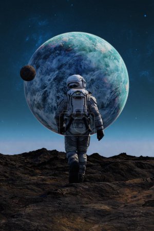 Photo for Astronaut approaches with a colossal planet and its moon dominating the star-sprinkled cosmos. 3d render - Royalty Free Image