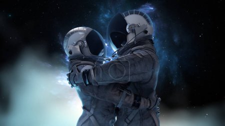 Zwei Astronauten umarmen sich in einer zarten Umarmung vor einer nebelartigen Himmelskulisse und halten einen Moment der Verbundenheit in den Weiten des Alls fest, die Umarmung von Liebe, Mann und Frau. 3D-Darstellung