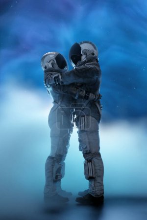 Zwei der Astronauten umarmen sich mit einem Visier, das sich berührt, umgeben von der sternenklaren Weite des Alls und schaffen ein Symbol menschlicher Verbindung im Kosmos. Liebe Umarmung, Mann und Frau. 3D-Darstellung