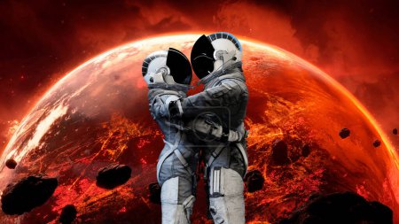 Zwei Astronauten umarmen sich vor einem drohenden roten Planeten, eine feurige Landschaft unter ihnen, unter einem sternenübersäten Himmel, die eine leidenschaftliche Verbindung in einem rauen Reich symbolisiert. 3D-Darstellung