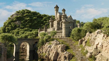 Grand stone castle with spires sits atop a cliff, connected by a bridge over a river, amid a verdant landscape. 3d render
