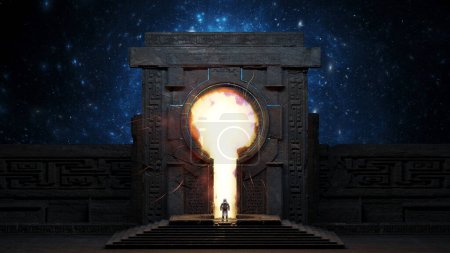 Astronaut facing an ancient portal emitting a bright light against the cosmic backdrop of stars.Cosmonaut and stargate doorway. 3d render