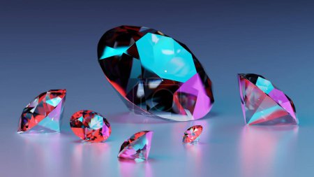 Edelsteine mit brillanten Facetten, lebhaft farbig reflektierendes Licht auf einer glatten Oberfläche. 3D-Darstellung