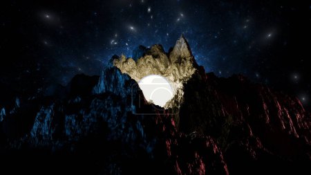 Night scene full moon nestles perfectly within a mountainous silhouette, under starry sky, creating a natural spectacle of light and shadow. 3d render