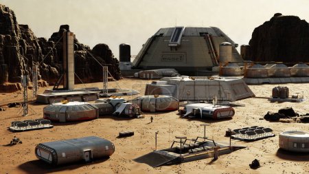 Téléchargez les photos : Base martienne avec structures modulaires et panneaux solaires dans un désert rocheux, colonie martienne. 3d rendu - en image libre de droit