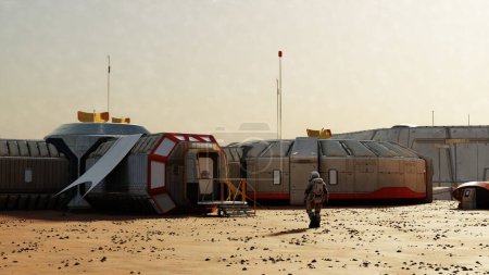 Astronaut nähert sich einer Marsbasis mit modularen Strukturen unter staubigem Himmel, Kolonialisierung. 3D-Darstellung