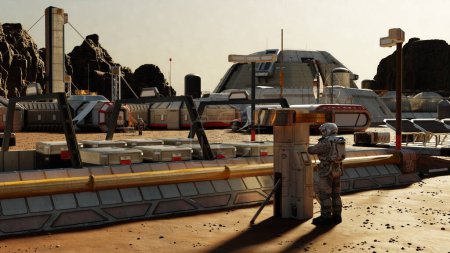 Téléchargez les photos : Seul astronaute se tient dans la base de Mars, entouré de bâtiments modulaires et de technologie de pointe. Un terrain martien accidenté se profile en arrière-plan, mettant en évidence l'isolement. 3d rendu - en image libre de droit
