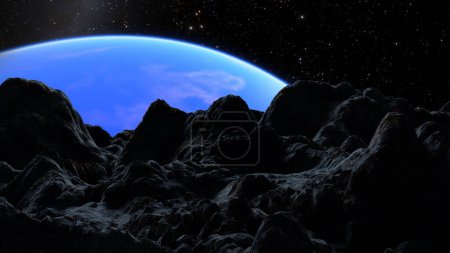 Silhouette of mountain terrain against a backdrop of a planet curved horizon and star-speckled space. The planet's atmosphere creates a thin blue line glowing at the edge. 3d render