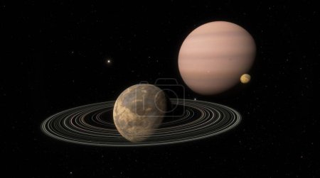 Planetary system, vast expanse of space, large ringed planet with smaller moon and a gas giant in the background. Star studded sky, serene beauty of the cosmos. 3d render