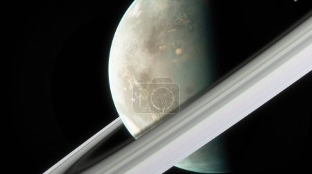 Close-up view of planet with pronounced rings, planets surface detailed with varied terrains. Dramatic perspective with planet curvature and rings cutting across frame. 3d render