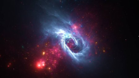 Vibrant cosmic with swirling nebulae, stars, and interstellar clouds in hues of blue and red. 3d render
