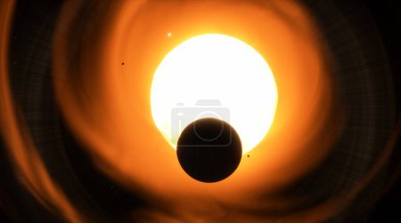 Foto de Tránsito planetario con una estrella brillante, lanzando una silueta de un planeta y sus lunas sobre llamaradas solares arremolinadas. 3d renderizar - Imagen libre de derechos