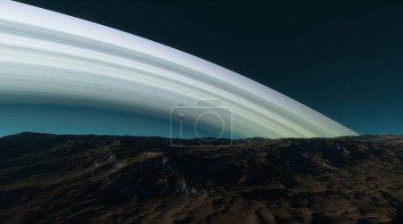 Photo for Planet massive rings seen from rugged mountainous surface, casting gradient of light across sky, mountain landscape. 3d render - Royalty Free Image