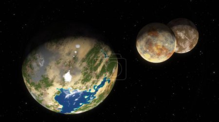 Téléchargez les photos : Exoplanète verte luxuriante avec des océans bleus, accompagnée de deux lunes contre un ciel étoilé. 3d rendu - en image libre de droit
