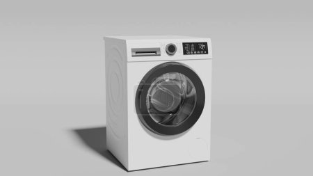 Machine à laver moderne avec affichage numérique, charge frontale, grande porte, cadran de commande et design élégant. 3d rendu