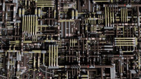 Photo for Overhead view of an extensive and detailed network of pipes and machinery, forming a high-density industrial landscape with a variety of textures - Royalty Free Image