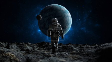 Un astronaute traverse un paysage lunaire aride avec une grande planète cratérisée et sa lune qui se profile au-dessus. 3d rendu