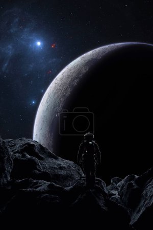 Astronaut overlooks a barren lunar landscape with a crescent planet looming and stars twinkling in the dark void above. 3d render