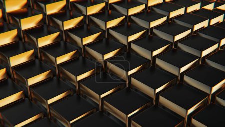 Detailed shot showing the texture and interlocking design of a metallic gold cubes mesh. 3d render