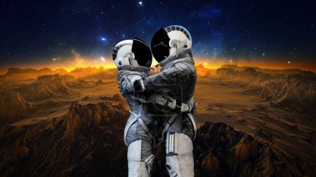 Zwei Astronauten, die sich auf einem außerirdischen Planeten umarmen, mit einem Horizont, der von einem Sonnenuntergang unter einem sternenübersäten Himmel leuchtet, was Erforschung und Kameradschaft bedeutet. 3D-Darstellung