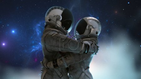 Zwei der Astronauten umarmen sich mit einem Visier, das sich berührt, umgeben von der sternenklaren Weite des Alls und schaffen ein Symbol menschlicher Verbindung im Kosmos. Liebe Umarmung, Mann und Frau. 3D-Darstellung