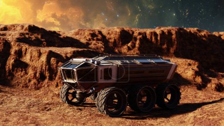 Roboter-Rover durchquert unter dramatischem Abendhimmel eine felsige, Mars-ähnliche Oberfläche. 3D-Darstellung