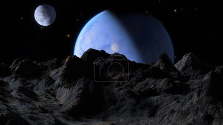 Paysage extraterrestre robuste avec une grande planète semblable à la Terre et sa lune qui se profile dans le ciel de l'espace sombre. Les étoiles scintillent à distance, rehaussant la grandeur céleste de la vue. 3d rendu
