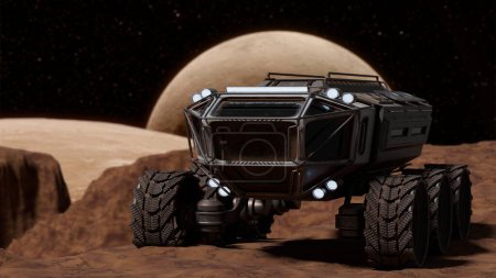 Der Mond-Rover manövriert felsiges Gelände, im Hintergrund ist ein großer Planet zu sehen. 3D-Darstellung