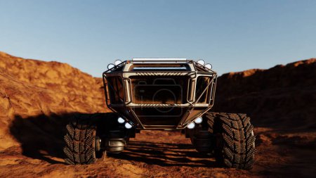 Voiture télécommandée rover parcourt Mars désert rugueux dans un contexte de collines rocheuses et un ciel crépusculaire. 3d rendu