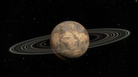 Großer ringförmiger Planet mit komplizierten Ringen, die seine marmorierte braune und beige Oberfläche umgeben, vor dem glitzernden Hintergrund eines Sternenhimmels. Riesige Weiten des Raumes. 3D-Darstellung