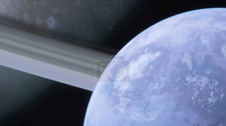Saturn majestic rings beside a stunning blue planet against the dark cosmos. 3d render