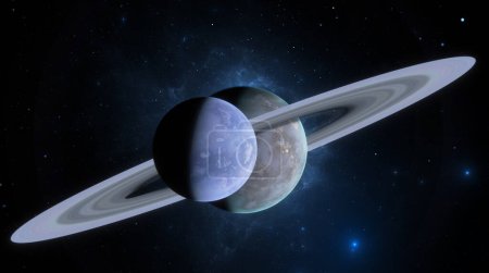 Gigante gaseoso con anillos acompañados por una luna sobre un fondo estrellado. 3d renderizar