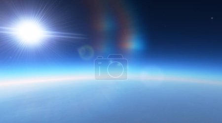 Helle Sonne mit Linsenschlag über der Erdatmosphäre, Raumhintergrund mit Sternen. 3D-Darstellung