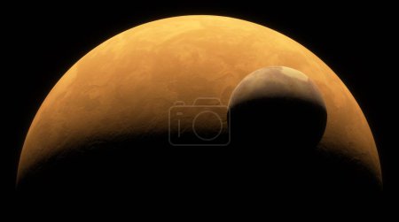 Vue majestueuse d'une grande planète Mars à la surface texturée, accompagnée d'une lune plus petite sur fond d'espace. Lumière et ombre, scène cosmique dramatique et sereine. 3d rendu