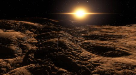 Stunning landscape of rocky barren extraterrestrial surface with a brilliant sun rising on horizon against dark void of space. 3d render