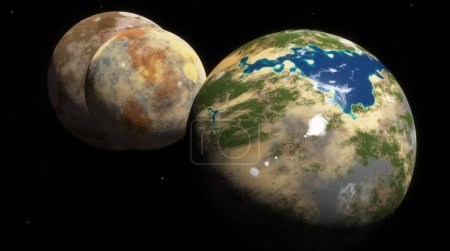 Lebendiger Exoplanet mit markanten blauen Gewässern kreist eng mit seinen kraterförmigen Monden vor einem Sternenhimmel. 3D-Darstellung