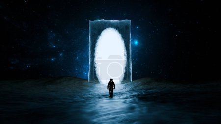 Ein einsamer Astronaut steht vor einem leuchtenden Portal inmitten eines Sternenhimmels. 3D-Darstellung